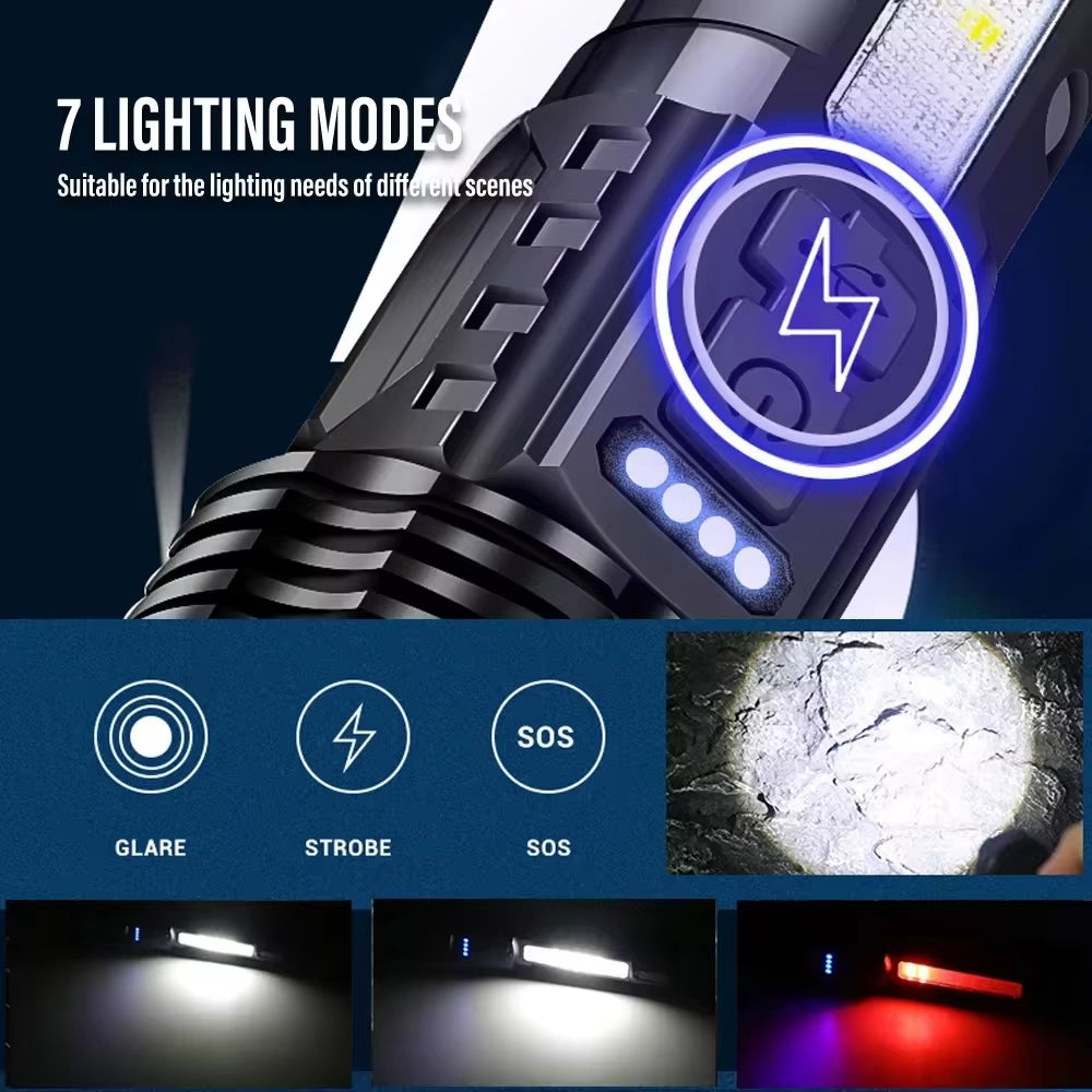 XHP50 Waterproof LED Flashlight – USB Rechargeable, 7 Modes, Zoom & Side Light