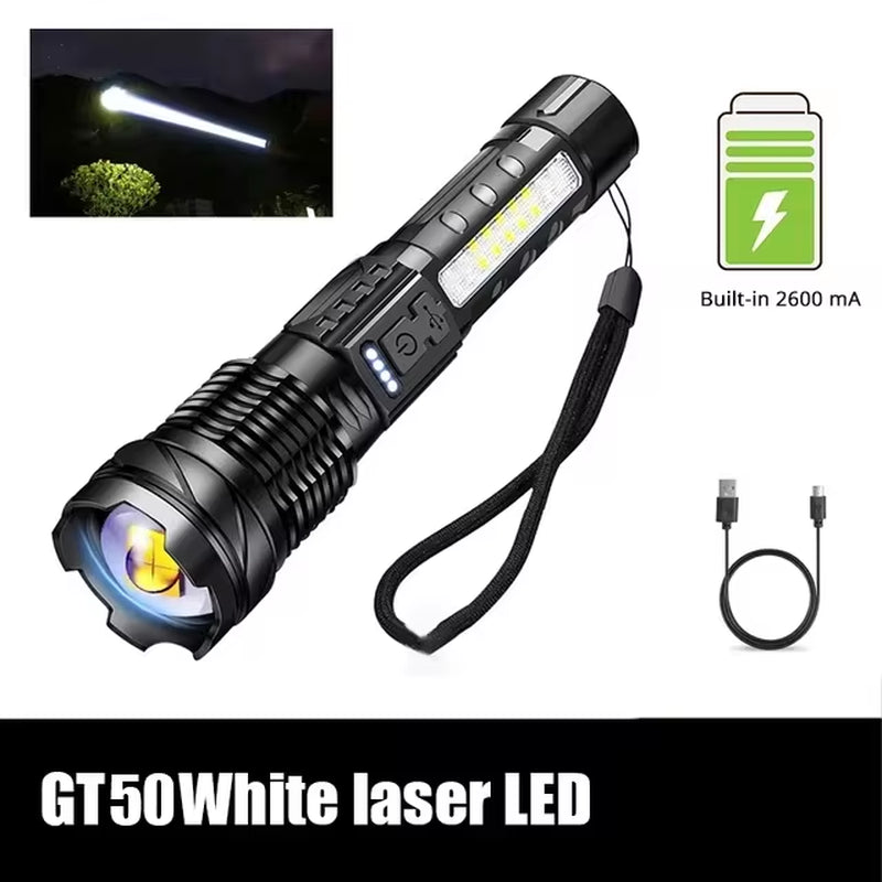 XHP50 Waterproof LED Flashlight – USB Rechargeable, 7 Modes, Zoom & Side Light