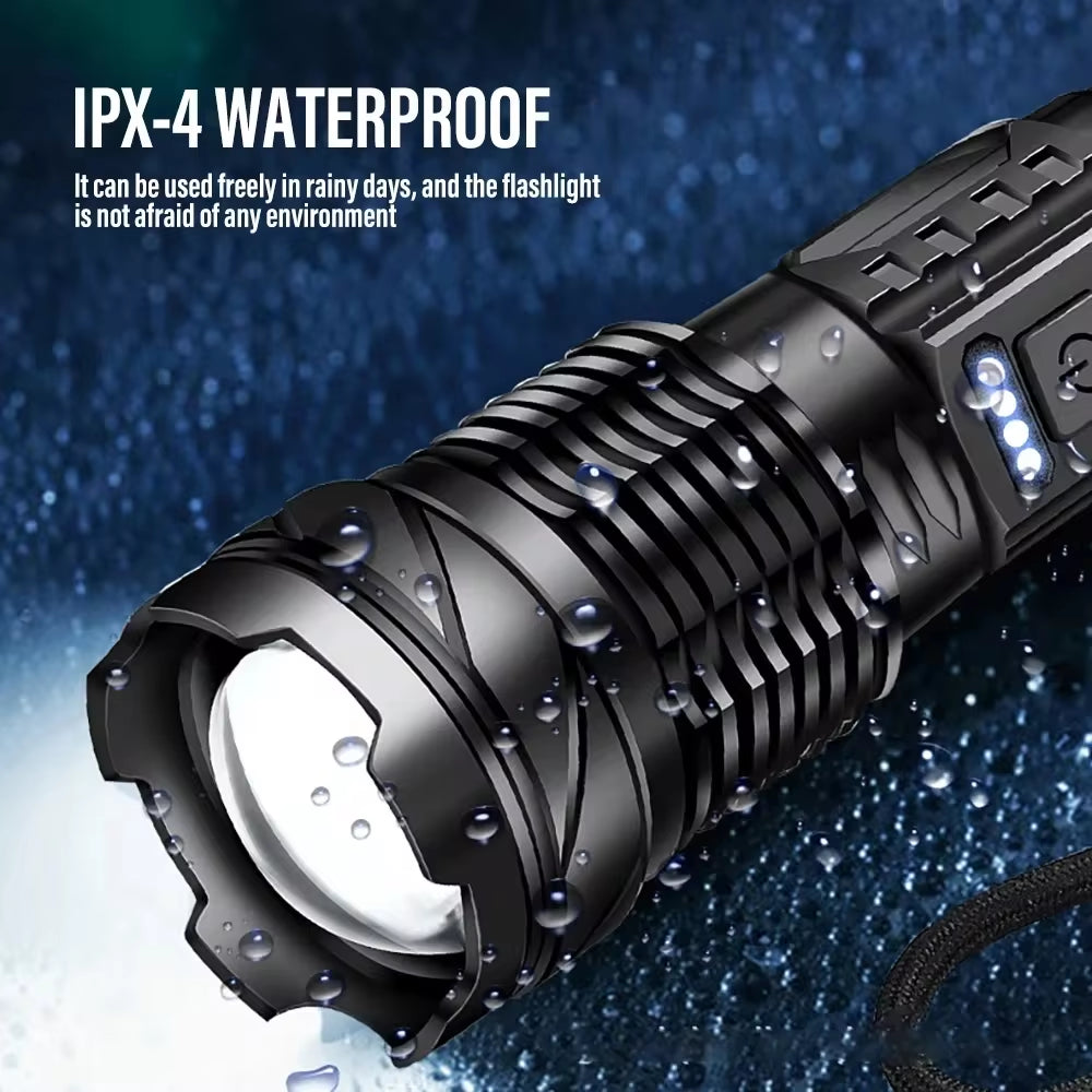 XHP50 Waterproof LED Flashlight – USB Rechargeable, 7 Modes, Zoom & Side Light