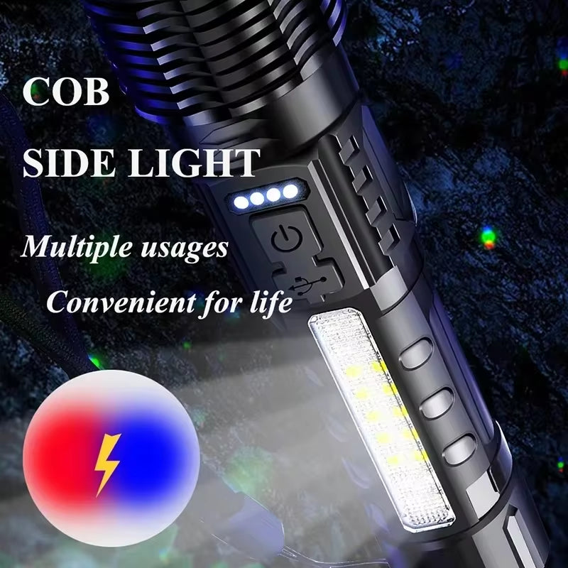 XHP50 Waterproof LED Flashlight – USB Rechargeable, 7 Modes, Zoom & Side Light