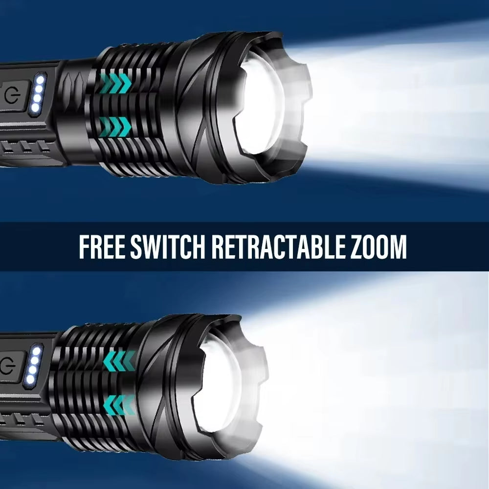 XHP50 Waterproof LED Flashlight – USB Rechargeable, 7 Modes, Zoom & Side Light
