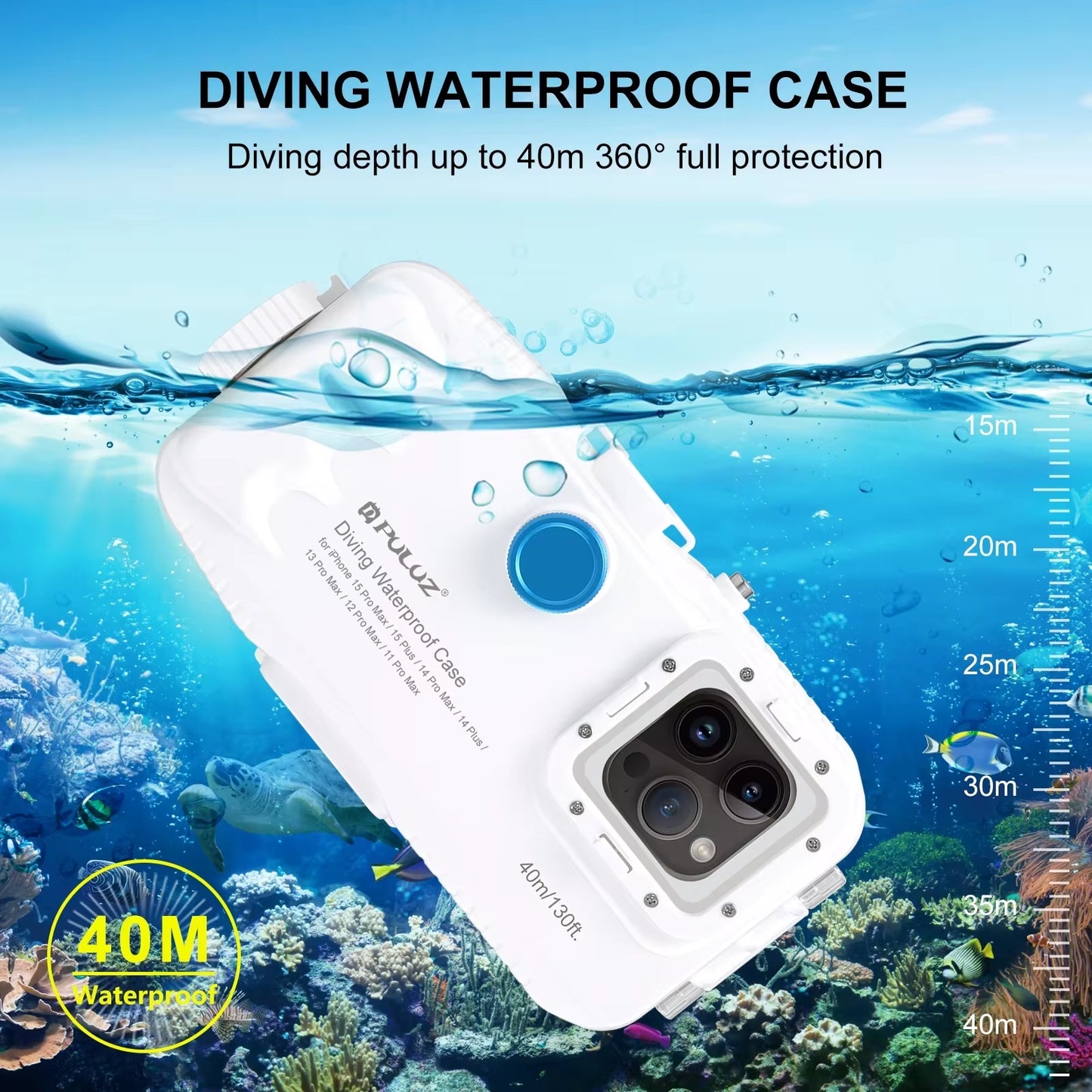 PULUZ 40M Waterproof Diving Case for iPhone 11/12/13/14/15 Pro Max