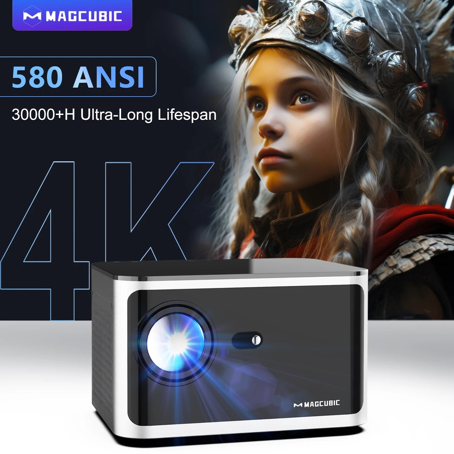 580 ANSI Projector – Android 11, 4K/1080P, WiFi 6, Voice Control, BT 5.0 Home Cinema