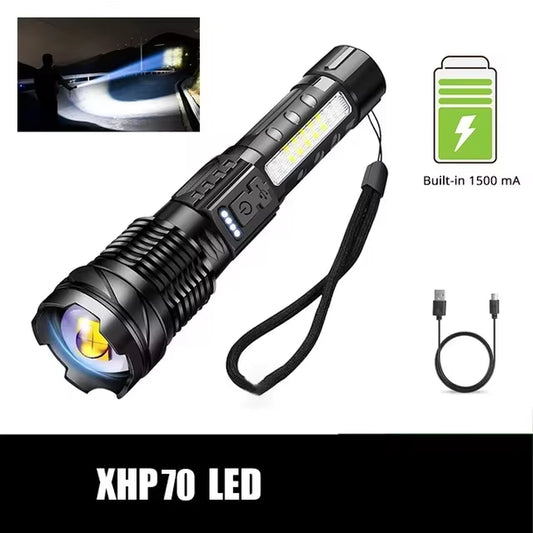 XHP50 Waterproof LED Flashlight – USB Rechargeable, 7 Modes, Zoom & Side Light